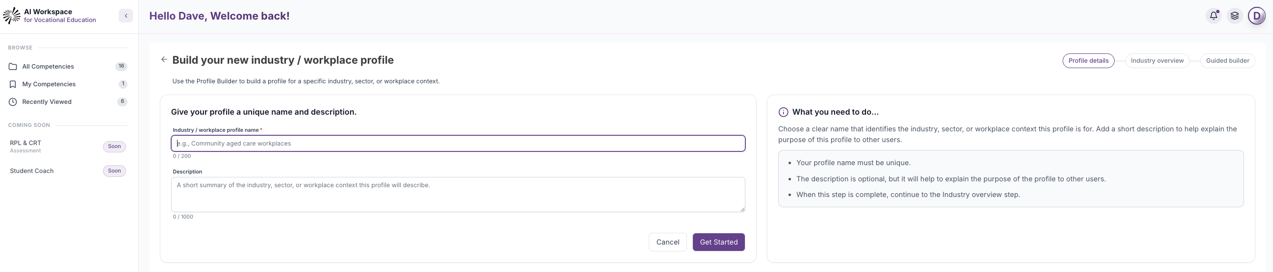 VETos industry and workplace profile builder