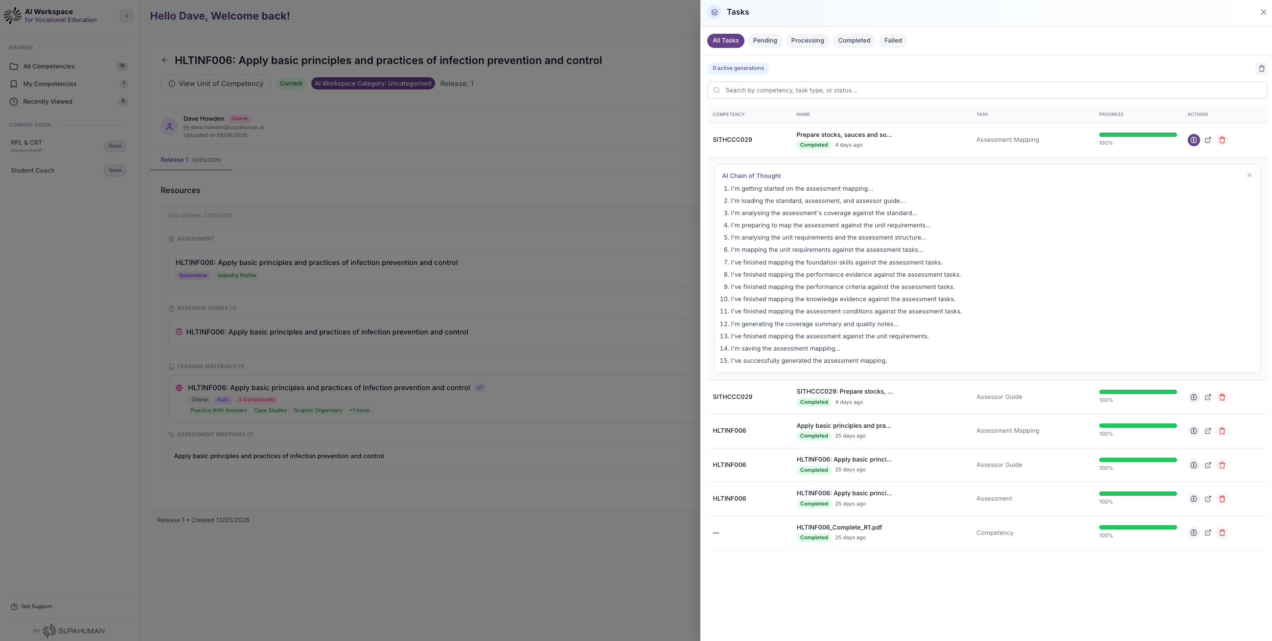 VETos task queue with AI chain-of-thought showing each generation and mapping step completed